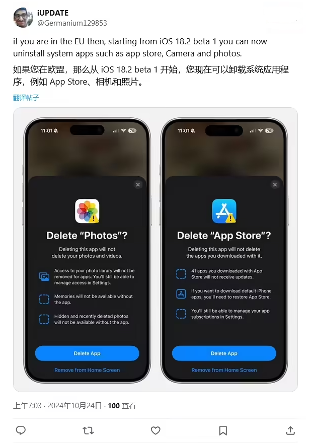 大关苹果手机维修分享iOS 18.2 支持删除 App Store 应用商店 