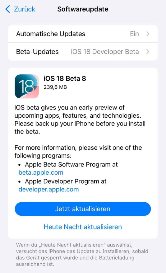 大关苹果手机维修分享苹果 iOS / iPadOS 18 开发者预览版 Beta 8 发布 